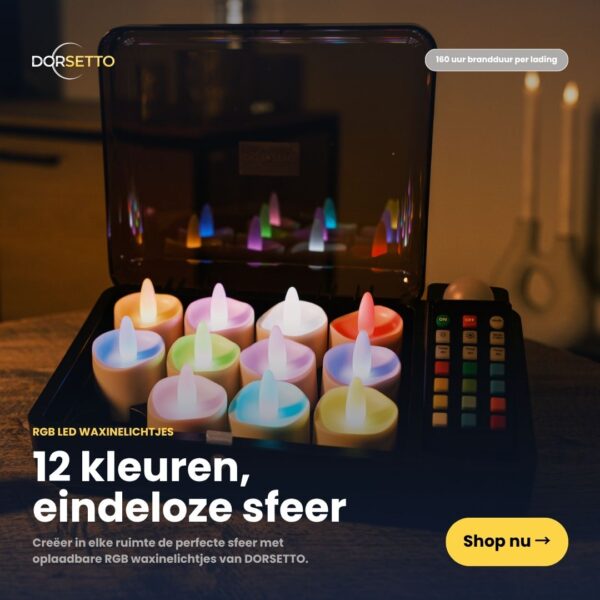 Een open doos toont 12 oplaadbare, waterdichte RGB LED-Waxine/theelichtjes (tot 160 uur) plus afstandsbediening. Ervaar eindeloze sfeer met Dorsettos 12-kleuren LED kaarsen-shop nu!.