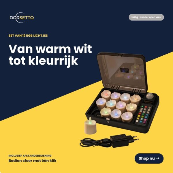 Set van 12 oplaadbare RGB LED-Waxine/theelichtjes (waterdicht, tot 160 uur) in zwarte oplaadkoffer, met afstandsbediening. Met keuze uit meerdere kleuren en eenvoudig te bedienen via de afstandsbediening.