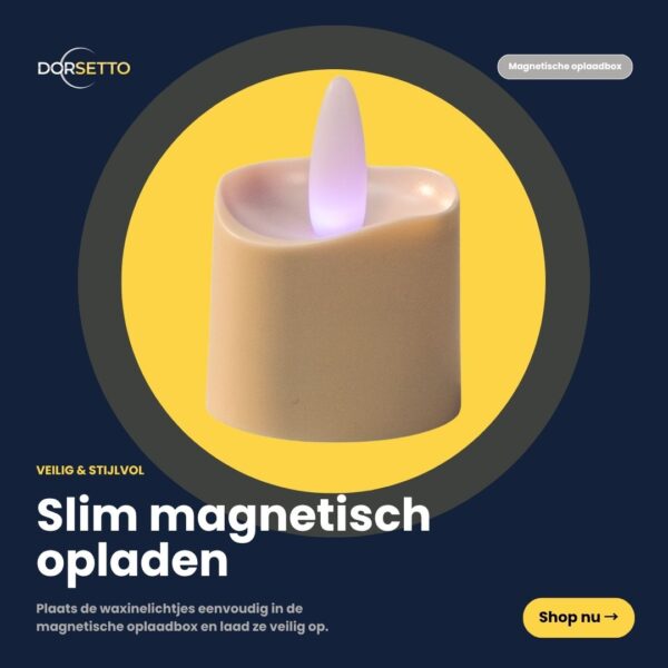 Een cirkelvormige afbeelding toont een beige, vlamloze RGB LED-Waxine/theelichtje met paarse gloed. Nederlandse tekst benadrukt waterdichte, oplaadbare theelichtjes (12 stuks, tot 160 uur) met afstandsbediening en veilige magnetische oplader. Shop nu knop afgebeeld.