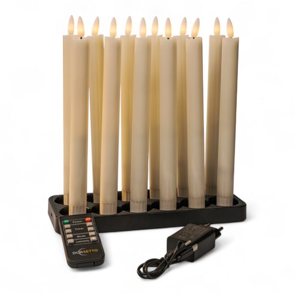 Een set van zes oplaadbare 97 mm warmwitte LED dinerkaarsen met een werkingsduur van 130 uur, afstandsbediening en oplaadbasis.