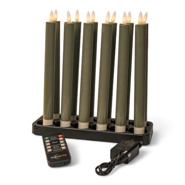 Zes oplaadbare 97mm LED dinerkaarsen (warm wit, 130 uur) staan in een zwarte voet, inclusief afstandsbediening en zwarte voedingsadapter.