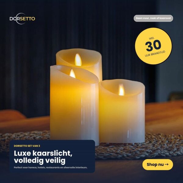 De DORSETTO LED wax kaarsen set (3-kaarsen) gloeit warm in het donker en biedt veilig, langdurig licht tot 30 uur - perfect voor hotels, restaurants en gezellige interieurs. Elke kaars heeft een vlamloos LED-ontwerp in verschillende hoogtes.