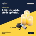 De LED waxinelichtjes set 3 kaarsen DORSETTO wordt getoond met een afstandsbediening en stroomadapter op een donkere achtergrond. Nederlandse tekst benadrukt het veilig creëren van de perfecte sfeer, zonder open vuur.