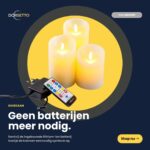 De LED wax kaarsen set 3 kaarsen DORSETTO gloeit zachtjes in een driehoek. Een afstandsbediening en oplaadkabel zorgen voor het oplaadbare, batterijvrije en duurzame gebruik, zoals wordt gepromoot door de Nederlandse tekst op de verpakking.