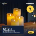 De set van 4 oplaadbare LED-waskaarsen van DORSETTO, in verschillende hoogtes, zorgt voor een gezellige sfeer op een geweven mat. Dankzij de korte oplaadtijd van 2 uur kun je al snel genieten van warm licht. Koop nu deze gezellige LED-kaarsen!.