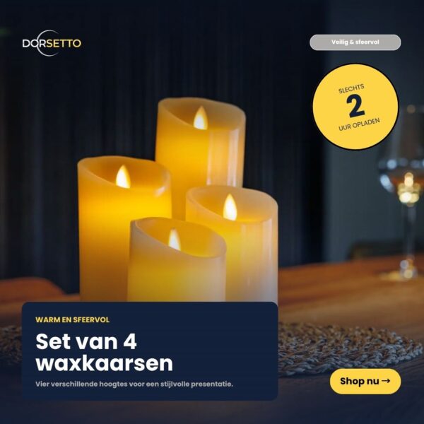 De set van 4 oplaadbare LED-waskaarsen van DORSETTO, in verschillende hoogtes, zorgt voor een gezellige sfeer op een geweven mat. Dankzij de korte oplaadtijd van 2 uur kun je al snel genieten van warm licht. Koop nu deze gezellige LED-kaarsen!.
