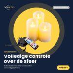 Op een gele ronde achtergrond zijn drie vlamloze LED-kaarsen uit de set van 4 oplaadbare LED-waskaarsen van DORSETTO afgebeeld, inclusief afstandsbediening en stekkeradapter. De Nederlandse tekst benadrukt de eenvoudige, slimme bediening van de verlichting.