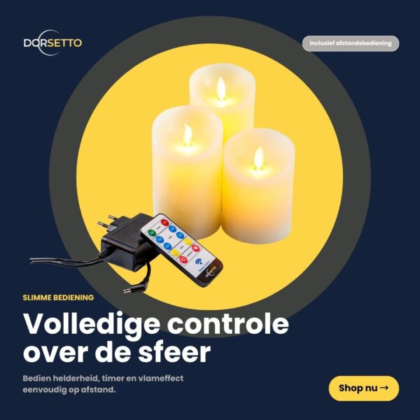 Op een gele ronde achtergrond zijn drie vlamloze LED-kaarsen uit de set van 4 oplaadbare LED-waskaarsen van DORSETTO afgebeeld, inclusief afstandsbediening en stekkeradapter. De Nederlandse tekst benadrukt de eenvoudige, slimme bediening van de verlichting.