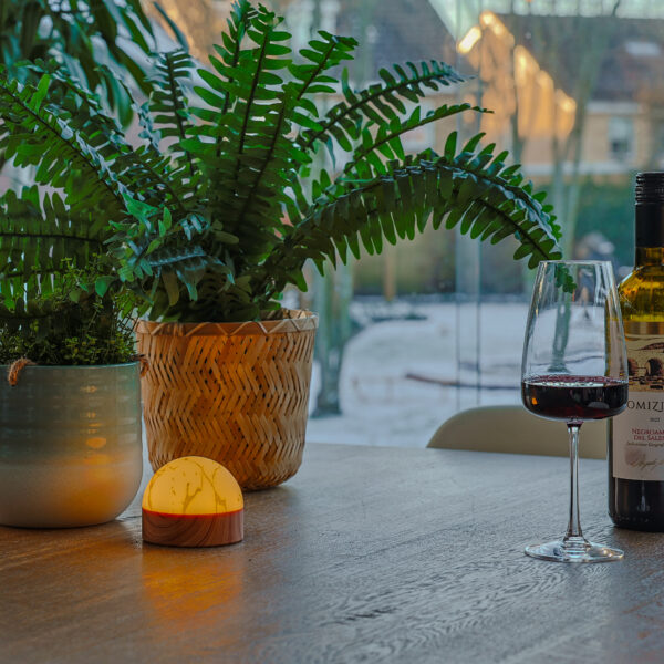 Een tafellamp van Dorsetto op tafel met planten en een glas wijn