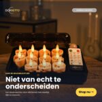 Een zwarte doos met 12 realistische, oplaadbare 3D-LED-theelichtjes (tot 400 uur), met een warme gloed, inclusief afstandsbediening en timerfunctie. De Nederlandse tekst prijst het levensechte kaarseffect aan en bevat een ‘Nu kopen’-knop.