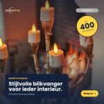 Een close-up van 3D oplaadbare LED-theelichtjes (12 stuks) met afstandsbediening, timerfunctie en een brandduur tot 400 uur zorgt voor een warme en stijlvolle sfeer. De tekst eroverheen benadrukt het hoogwaardige ontwerp en de garantie van 2 jaar.
