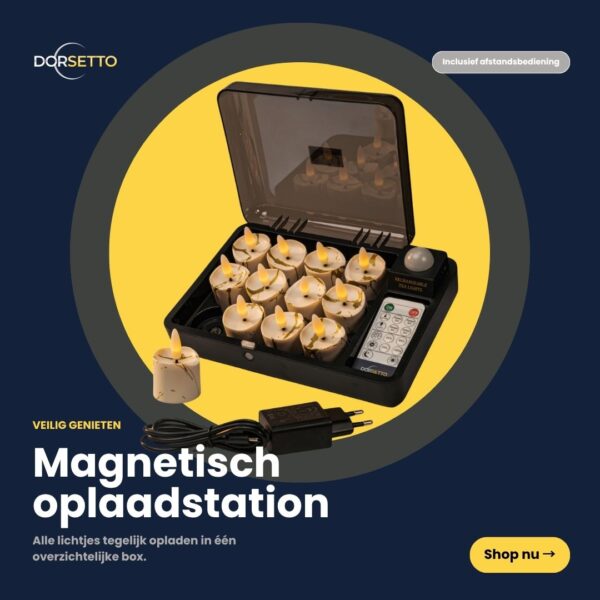 Een zwarte doos bevat 12 oplaadbare 3D-LED-theelichtjes (tot 400 uur), een afstandsbediening en een stekker, weergegeven in een gele cirkel. In de Nederlandse tekst wordt reclame gemaakt voor een magnetisch oplaadstation, zodat je veilig kunt genieten van de timerfunctie.