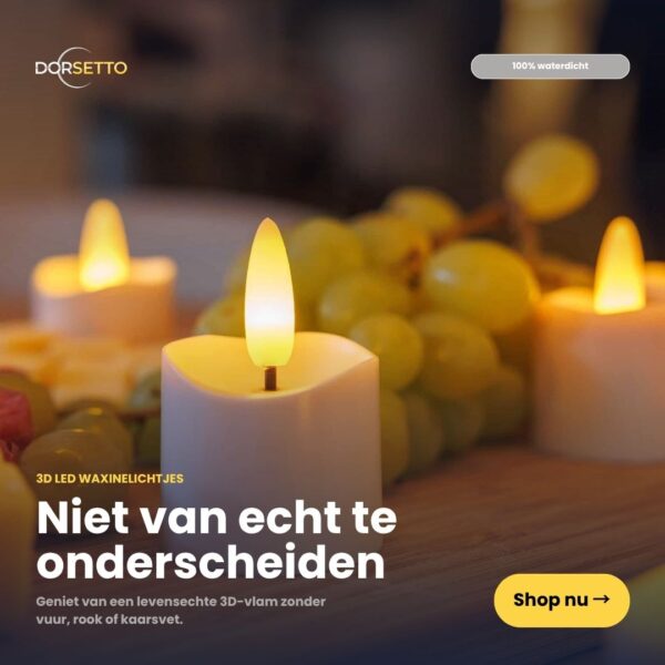 Close-up van 3D oplaadbare LED-thee- en waxinelichtjes (6 stuks, tot 400 uur, met afstandsbediening en timer) op tafel, realistische vlam, groene druiven op de achtergrond. Tekst: Niet van echt te onderscheiden. Knop ‘Nu kopen’ rechtsonder.