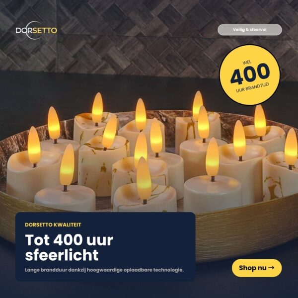 Op een gouden dienblad staan 3D oplaadbare LED-thee- en waxinelichtjes (6 stuks) met afstandsbediening en timerfunctie. Geniet tot wel 400 uur van sfeerverlichting. Klik rechtsonder op de knop ‘Nu kopen’.