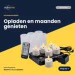 Set van 6 oplaadbare 3D-LED-theelichtjes met een brandduur tot 400 uur, inclusief timerfunctie, afstandsbediening en een zwarte oplaadbasis. Inclusief oplaadkabel. Realistisch vlam-effect. Lange brandduur, gepresenteerd tegen een donkere achtergrond met Nederlandse tekst.