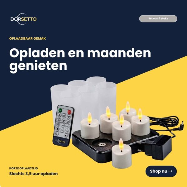 Set van 6 oplaadbare 3D-LED-theelichtjes met een brandduur tot 400 uur, inclusief timerfunctie, afstandsbediening en een zwarte oplaadbasis. Inclusief oplaadkabel. Realistisch vlam-effect. Lange brandduur, gepresenteerd tegen een donkere achtergrond met Nederlandse tekst.