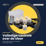 Een set van 3D oplaadbare LED-thee- en waxinelichtjes (6 stuks, tot 400 uur) met afstandsbediening en timerfunctie staat op een donkere achtergrond, met rechtsonder een gele ‘Nu kopen’-knop.