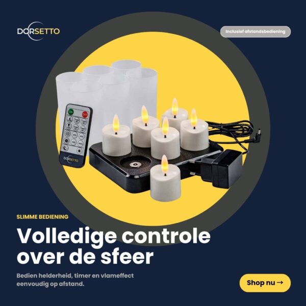 Een set van 3D oplaadbare LED-thee- en waxinelichtjes (6 stuks, tot 400 uur) met afstandsbediening en timerfunctie staat op een donkere achtergrond, met rechtsonder een gele ‘Nu kopen’-knop.