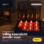 Een set van 12 rode, waterdichte oplaadbare LED-kaarsjes met afstandsbediening en timerfunctie, in handige oplaadbox. Veilig sfeerlicht zonder echte vlam. Nu met Nederlandse tekst en een "Shop nu"-knop op de afbeelding.