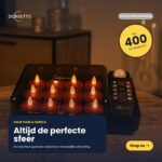 Een set van 12 rode, waterdichte oplaadbare LED-kaarsjes met afstandsbediening en timer staat op een laadstation. Nederlandse tekst benoemt 400 uur brandtijd en sfeervolle verlichting. De "Shop nu" knop is zichtbaar.