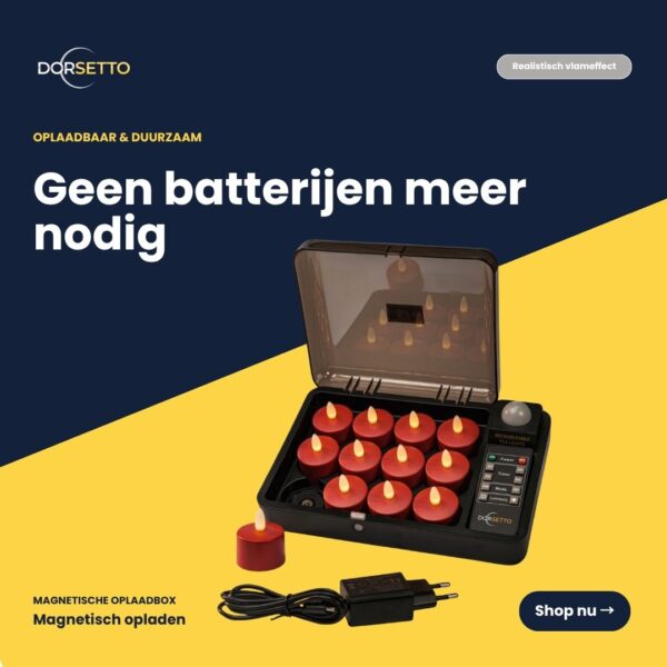 De Oplaadbare LED-kaarsjes rood set bevat 12 waterdichte, oplaadbare kaarsen met afstandsbediening en timerfunctie - geen batterijen meer nodig. Geniet overal van eenvoudig gebruik en stijlvolle verlichting.
