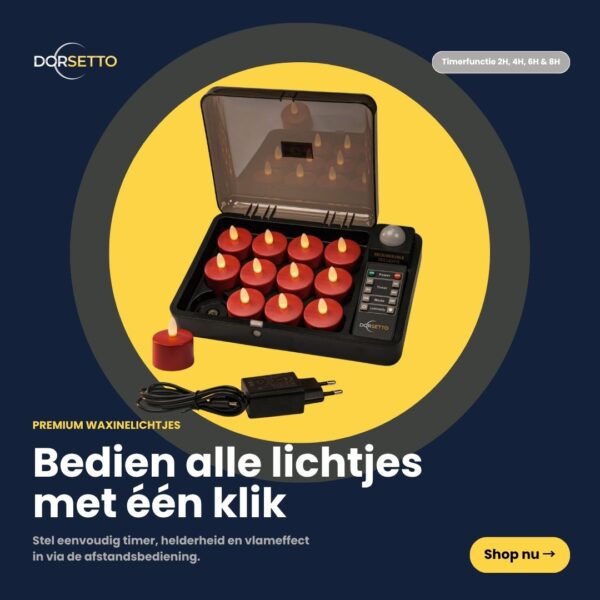 Een set oplaadbare LED-kaarsjes rood, waterdicht, 12 stuks, met afstandsbediening en timerfunctie. Geleverd in een open zwarte koffer. Nederlandse tekst benadrukt de makkelijke bediening en handige timerfunctie van deze kaarsjes.