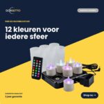 RGB LED-theelichtjes (6 stuks), waterdicht, tot 160 uur oplaadbaar, incl. afstandsbediening, oplaadstation, adapter en 6 matte houders op een donkere achtergrond. „12 kleuren voor elke sfeer.”.