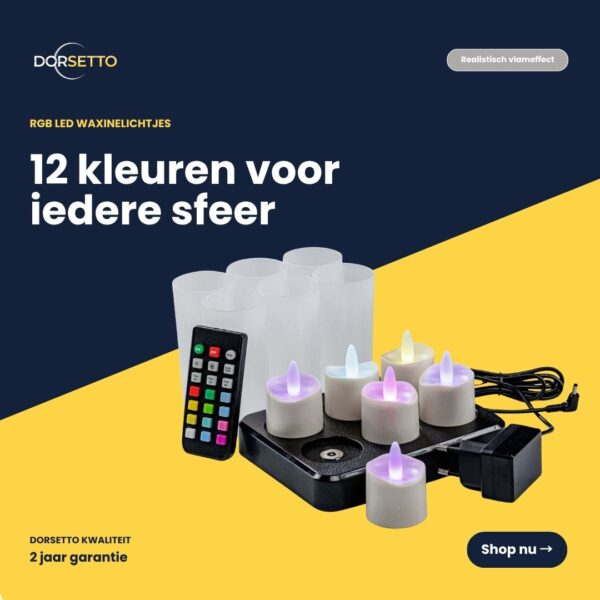 RGB LED-theelichtjes (6 stuks), waterdicht, tot 160 uur oplaadbaar, incl. afstandsbediening, oplaadstation, adapter en 6 matte houders op een donkere achtergrond. „12 kleuren voor elke sfeer.”.