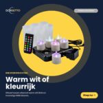 De RGB LED-theelichtjes zijn waterdicht, gaan tot 160 uur mee op één oplaadbeurt (6 stuks), worden geleverd met een afstandsbediening en geven warm wit en kleurrijk RGB-licht tegen een donkere achtergrond met gele en blauwe accenten.