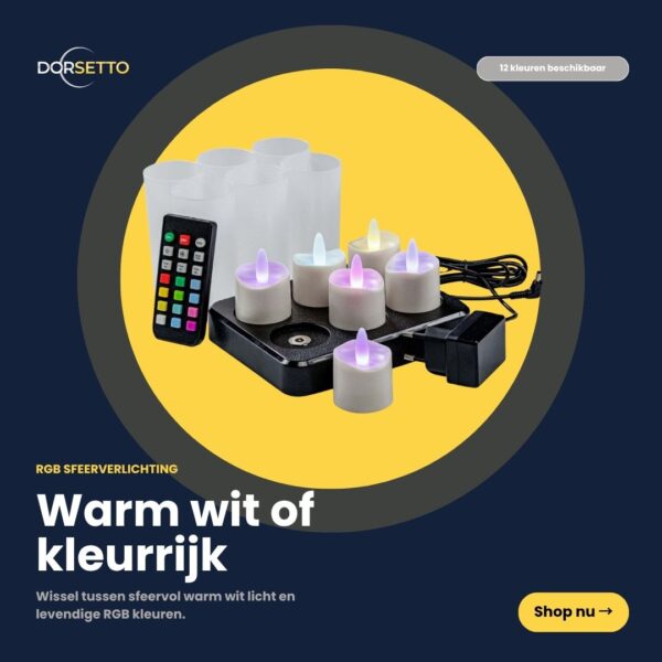 De RGB LED-theelichtjes zijn waterdicht, gaan tot 160 uur mee op één oplaadbeurt (6 stuks), worden geleverd met een afstandsbediening en geven warm wit en kleurrijk RGB-licht tegen een donkere achtergrond met gele en blauwe accenten.