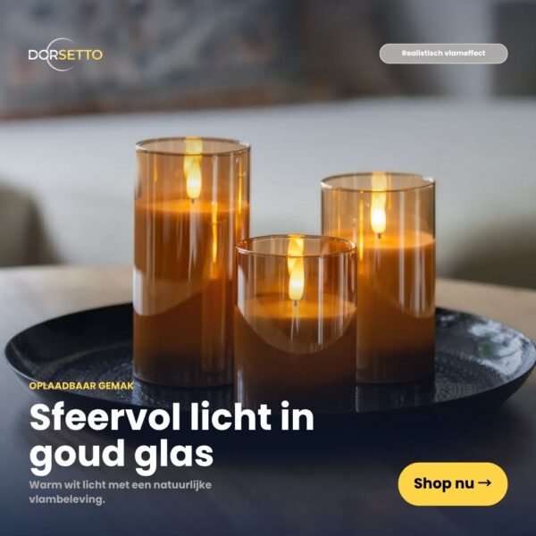 De DORSETTO-set met oplaadbare LED-kaarsen (3 stuks) op een zwart dienblad verspreidt een warme gloed en een realistische vlam, perfect voor een gezellige sfeer. Met afstandsbediening en een brandduur tot 105 uur zijn deze elegante kaarsen ideaal voor elke gelegenheid.