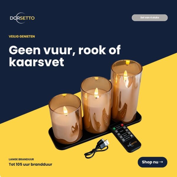 De DORSETTO-set met oplaadbare led-kaarsen (3 stuks, brandduur 105 uur) bevat een afstandsbediening en een oplaadkabel voor een vlamloze, rook- en wasvrije sfeer. Tekst: Geen vuur, rook of kaarsvet. Nu kopen.