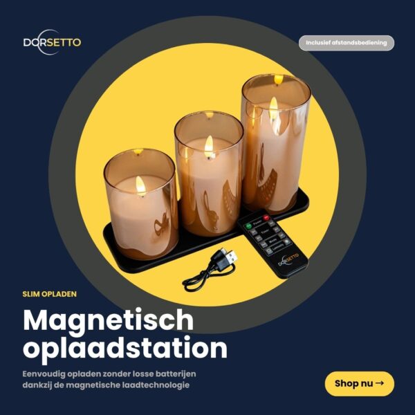 De DORSETTO-set met oplaadbare LED-kaarsen (3 stuks, 105 uur brandtijd) bevat drie LED-kaarsen, een zwart magnetisch oplaadstation, een afstandsbediening en een USB-kabel. Gepresenteerd tegen een donkere achtergrond met gele accenten en Nederlandse tekst.