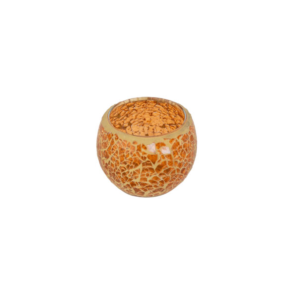 De Waxinelichthouder 8,5 CM Dorsetto mozaïek oranje is een ronde, oranjebruine kandelaar van keramiek met een gebarsten mozaïektextuur en een open bovenkant, tegen een effen witte achtergrond.