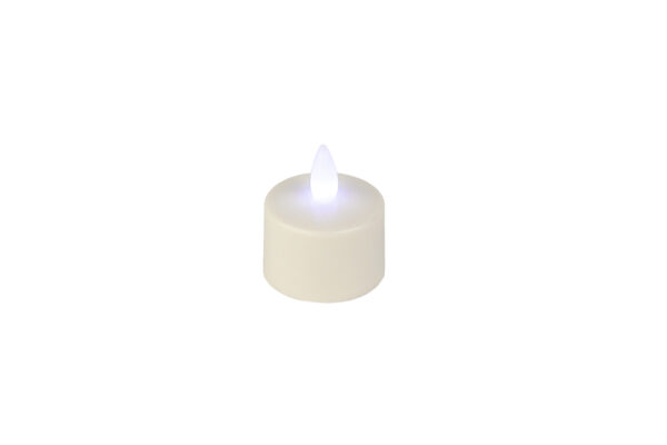 Het LED theelichtje oplaadbaar WIT waterdicht IP68 is een klein, wit lampje op batterijen met een gloeiend vlamvormig uiteinde, afgebeeld op een effen witte achtergrond.