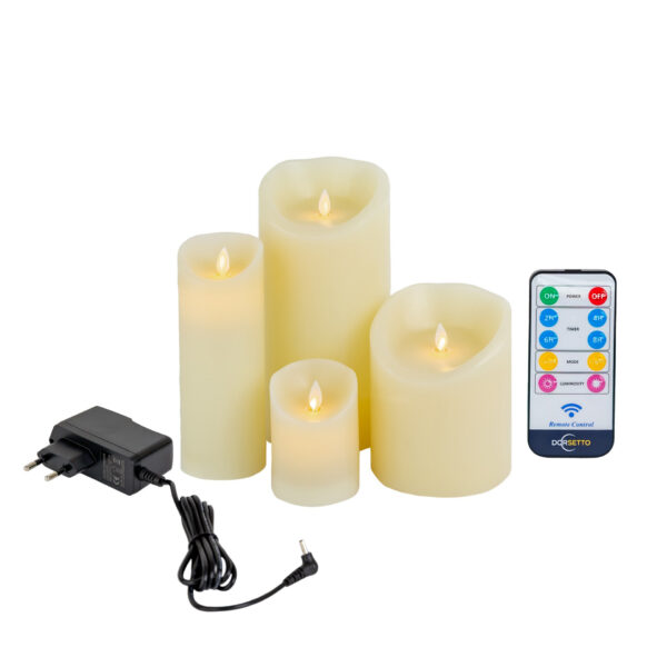 De LED wax kaarsen set 4 kaarsen warm wit oplaadbaar DORSETTO bevat vier ivoorkleurige oplaadbare kaarsen, een afstandsbediening en een voedingsadapter.