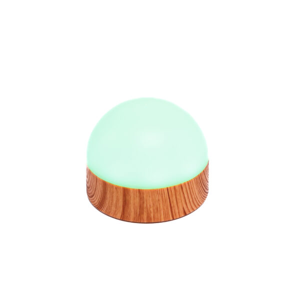 Een set van twee kleine koepelvormige Tafellamp DORSETTO oplaadbare lampen (105 uur, waterdicht) met witte bovenkant, houtlook voet en afstandsbediening zijn gecentreerd op een witte achtergrond.