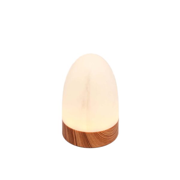 De oplaadbare tafellamp DORSETTO heeft een ovaal marmer wit lichaam met grijs houtlook basis en wordt geleverd met afstandsbediening. De lamp is waterdicht en brandt tot 105 uur, afgebeeld tegen een witte achtergrond.