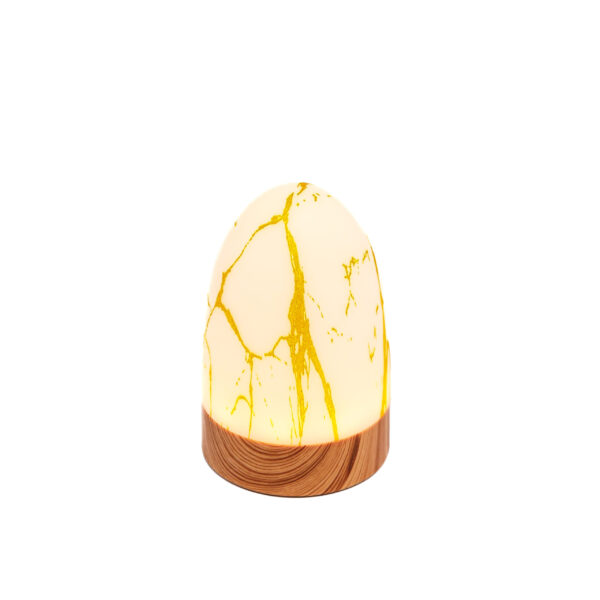 Set van 2 oplaadbare Tafellamp DORSETTO lampen, elk met een ovale witte kap met goudkleurige marmerpatronen, waterbestendig, tot 105 uur gebruik, inclusief afstandsbediening en ronde houten voet. Geïsoleerd op een witte achtergrond.