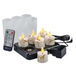 De 3D oplaadbare LED-Waxine/theelichtjes set bevat 6 oplaadbare vlamloze kaarsen met timer, afstandsbediening, oplaadbasis, stroomadapter en matte houders. Elke kaars heeft een gesmolten waslook en gloeiende vlamuiteinden.
