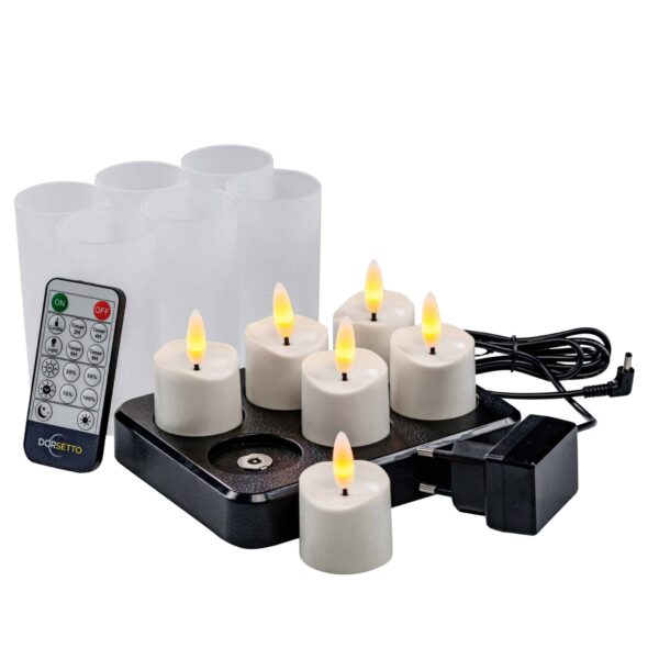 De 3D oplaadbare LED-thee/waxinelichtjes 175 uur set bevat 6 stuks met timerfunctie, afstandsbediening, zwarte oplaadbasis, adapter en zes matte houders voor een warme sfeer.