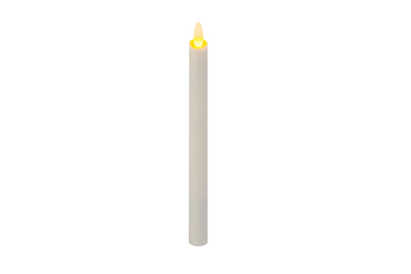 De LED dinerkaars 270mm LOS, een witte kaars op batterijen met een gloeiende gele vlam, staat rechtop tegen een effen witte achtergrond.