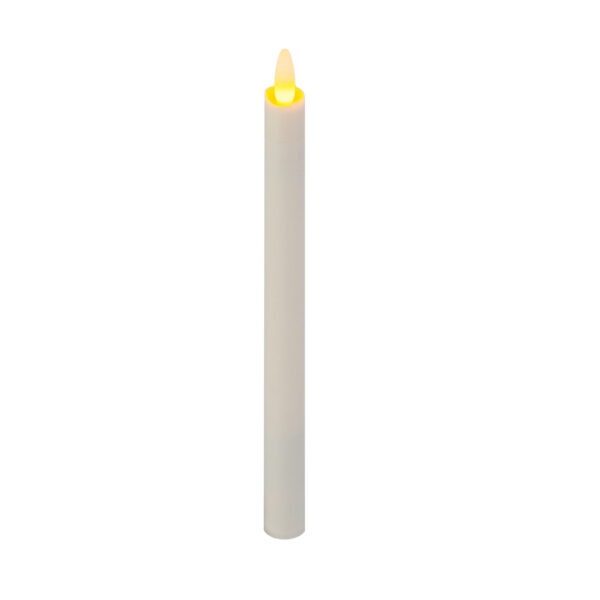 De LED dinerkaars 270mm LOS, een witte kaars op batterijen met een gloeiende gele vlam, staat rechtop tegen een effen witte achtergrond.