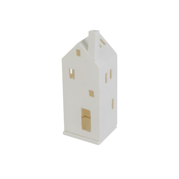 Het Keramiek theelicht/waxine huis DORSETTO is een klein, wit keramisch huis met een schuin dak en vierkante ramen, afgebeeld op een witte achtergrond.