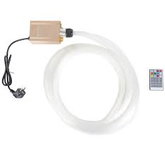 De Sterrenhemel RGB 400 sterren met afstandsbediening kit bevat een opgerolde glasvezelkabel, plug-in voedingsadapter, rechthoekig bedieningskastje en afstandsbediening - perfect voor het creëren van een sterrenhemel met kleurrijke verlichtingseffecten.