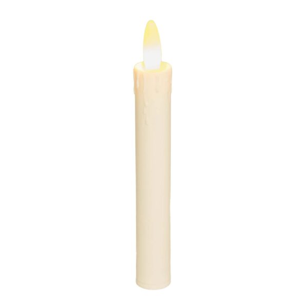 De Oplaadbare LED dinerkaars DORSETTO 150mm LOS is een enkele, crèmekleurige, oplaadbare vlamloze kaars met een geeloranje LED vlam, glad oppervlak en subtiele wasdruppeldetails, afgebeeld op een effen witte achtergrond.