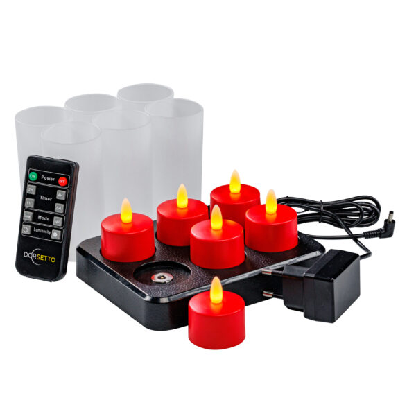 De Oplaadbare LED-kaarsjes rood - waterdicht - 6 Stuks worden geleverd met een afstandsbediening, timerfunctie, zwart oplaadbakje, voedingsadapter en zes matwitte kaarshouders. Ze geven een flikkerend geel licht voor een gezellige sfeer.