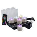 De RGB LED-Waxine/theelichtjes waterdicht 68 uur oplaadbaar (6 stuks) worden geleverd met afstandsbediening, houdertjes, oplaadbasis en adapter, stijlvol gepresenteerd op een witte achtergrond.
