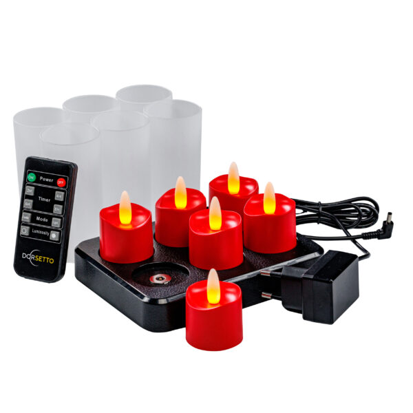De Rode oplaadbare LED waxine kaarsjes (6 stuks, 175 uur, waterdicht) set bevat rode oplaadbare vlamloze kaarsen met matte houders, een afstandsbediening, timerfunctie en zwarte oplaadbasis.