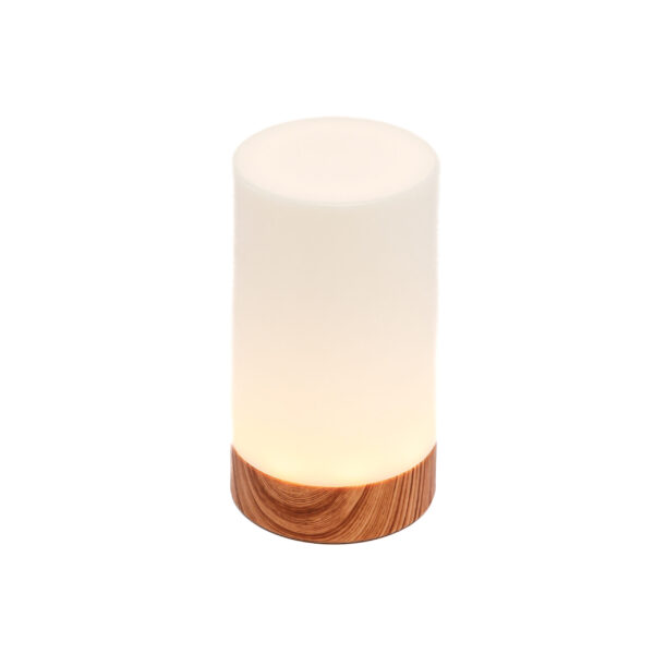 De Tafellamp DORSETTO oplaadbaar 105 uur is cilindervormig, waterdicht, heeft een wit houtlook design en wordt geleverd met afstandsbediening voor extra gemak.